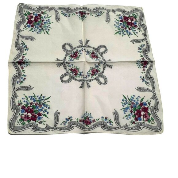 Vtg Handkerchief Hanky Purple Flowers Pocket Scarf Floral Gray Ribbon Edge 12" - Picture 1 of 6